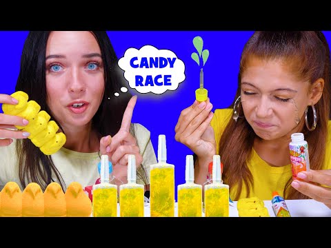 ASMR YELLOW FOOD (JELLO SHOOTER RACE, MARSHMALLOW, CANDY LIP GLOSS) EATING MUKBANG