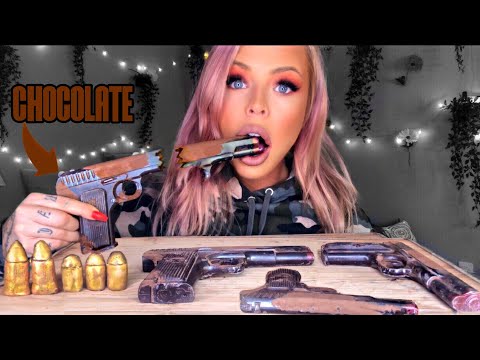 ASMR EDIBLE CHOCOLATE GUN EATING (FAKE) & EDIBLE CANDY BULLETS (FAKE) EXTREME CRUNCHY EATING SOUNDS