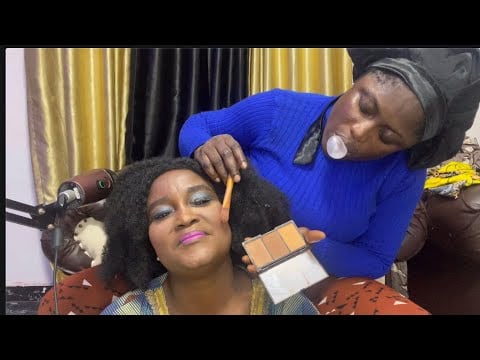 ASMR✨Applying a makeup on my mums Face with Bubblegum chewing sound. ( Eye lashes and hair fixing)