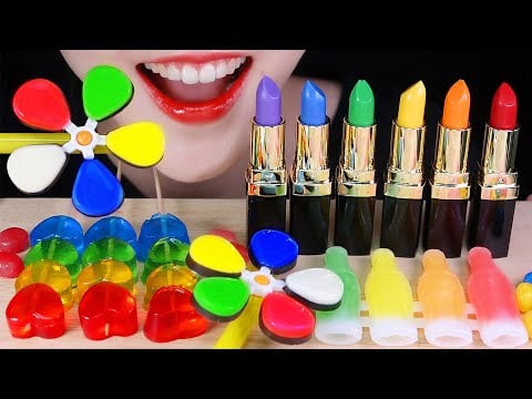 ASMR RAINBOW FOOD ASMR EDIBLE LIPSTICK, WAX CANDY, PINWHEEL CHOCOLATE MUKBANG NO TALKING 💄