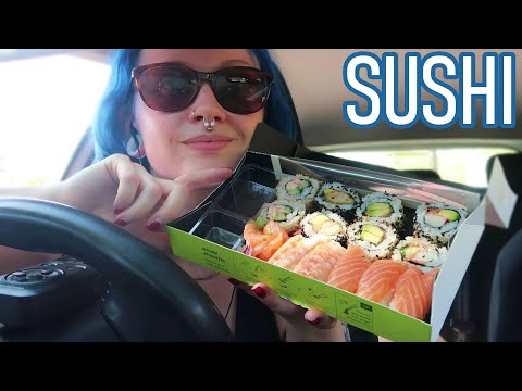ASMR EATING SUSHI (Salmon, Prawn, Custard Dorayaki & MORE) CAR MUKBANG (Quiet Part 2 In 2nd half) 🍣
