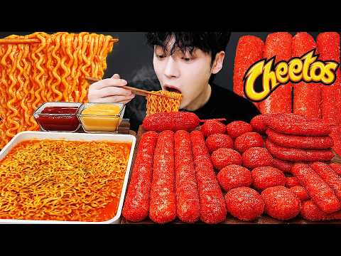 ASMR MUKBANG | 치즈 불닭볶음면 & 치토스 대왕 통 가래떡 튀김 핫도그 딸기 먹방 & 레시피 FIRE NOODLES AND Tteokbokki EATING