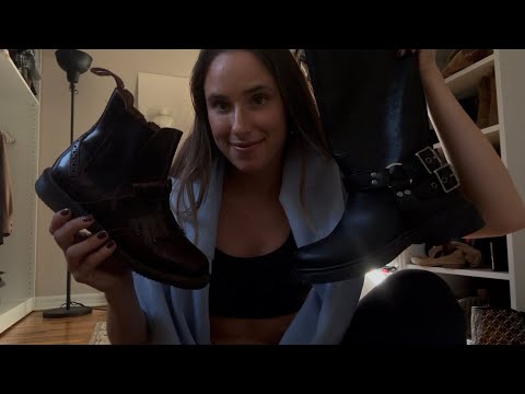 ASMR Tapping On My Leather Boot Collection (fabric sounds + over-explaining)  