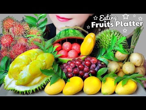 ASMR EATING FRUITS PLATTER (MANGO ,GRAPES ,RAMBUTAN ,STRAWBERRY ,DURIAN ,WATER MELON )| LINH ASMR