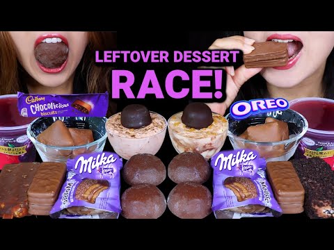 ASMR LEFTOVER DESSERT RACE! MILKA MOUSSE, CHOCOLATE MOCHI ICE CREAM, CADBURY BISCUITS IN MILK 먹방