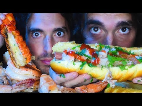 GIANT LOBSTER + SHRIMP HOTDOGS w/ Sriracha Butter Lemon Garlic | ASMR notalking | Nomnomsammieboy