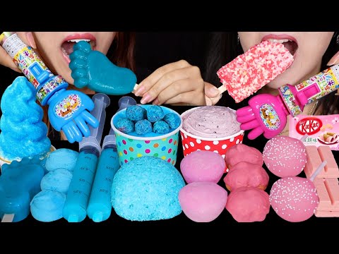 ASMR BLUE VS PINK DESSERTS (BIRTHDAY CAKE POP, MOCHI ICE CREAM, CRYSTAL ICE CREAM, JELLY SHOOTERS 먹방