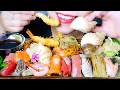 ASMR TEMPURA X SUSHI X SASHIMI SALMON TUNA SWEET SHRIMP EATING SOUNDS LINH ASMR