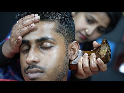 Barber Girl Doing Wooden Gua Sha Massage With Oil | ASMR Head Massage With Satisfying ASMR Sound