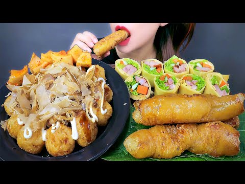 ASMR FRIED BEEF LARGE INTESTINE X JAPANESE OCTOPUS BALLS, CREPE ROLLS ,EATING SOUNDS | LINH-ASMR