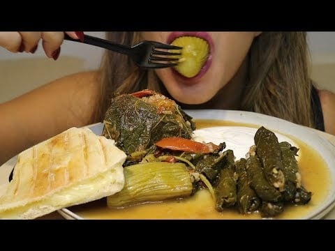 ASMR DOLMA (MAHSHI) GRAPELEAVES CHEESY TOAST MUKBANG no talking CREMA ASMR #asmr #youtube #mukbang