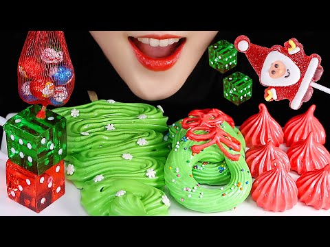 CHRISTMAS FOOD ASMR GREEN&RED FOOD, MERINGUE ASMR DICE CANDY ASMR