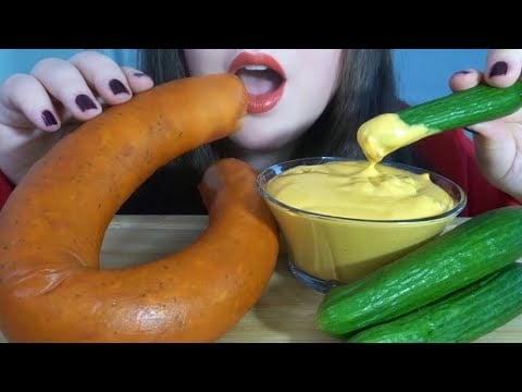 ASMR Sausage, Cucumbers, & SPICY Cheese Sauce - EXTREMELY SATISFYING Eating Sounds!