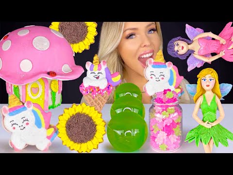 ASMR FAIRY CAKE, UNICORN COOKIES, PINK MUSHROOM FAIRY HOUSE, SUNFLOWER COOKIES, JELLY MUKBANG 먹방