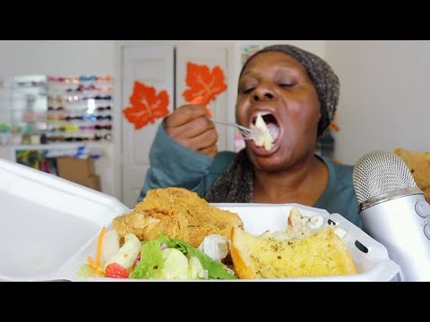Fried Chicken With Alfredo Pasta AND SALAD ASMR Eating Sounds