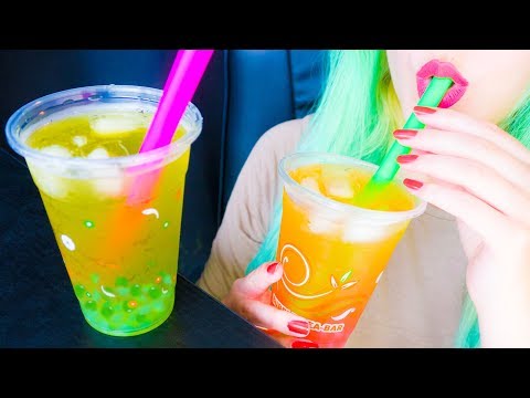 ASMR: Kiwi & Peach Boba Bubble Tea | Crushing Pearls & Taste Test ~ Relaxing Drinking Sounds [V] 😻