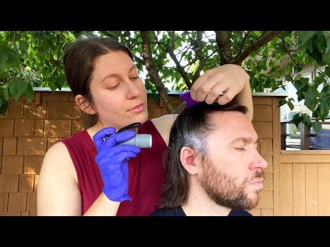 [ASMR Outside] Real Person Scalp and Skin Check Exam with Light, Magnifier and Brushing