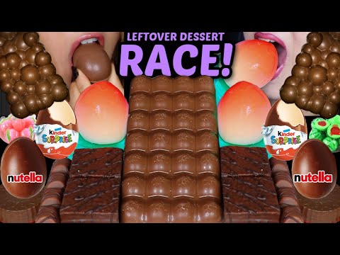 ASMR LEFTOVER DESSERT RACE! KINDER SURPRISE EGGS, BIG BUBBLY AERO CHOCOLATE BAR, PEACH ICE CREAM 먹방