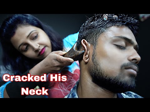 She Cracked His Neck And Doing ASMR Ear Massage | Head And Ear Massage ASMR By Barber Girl Chaitali