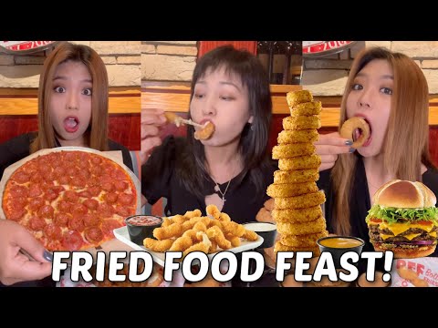 FRIED FOOD FEAST! CHEESY MOZZARELLA STICKS, GIANT ONION RINGS, BONELESS WINGS, BURGERS, PIZZA, FRIES