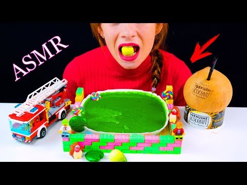 ASMR EATING BANANA SWIMMING POOL WITH GREEN TEA MATCHA AND EDIBLE LEGO BRICK