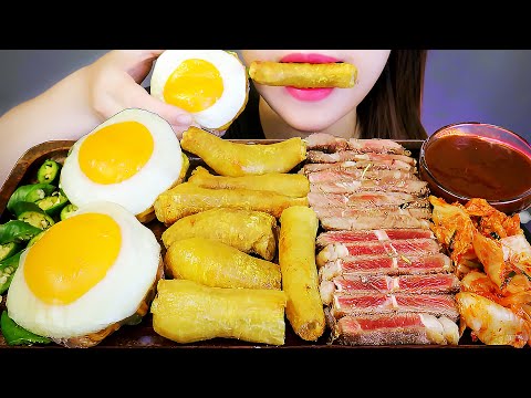 ASMR BEEF STEAK, CRISPY BEEF INTESTINE AND EGGS & NOODLES WRAPS EATING SOUNDS | LINH ASMR