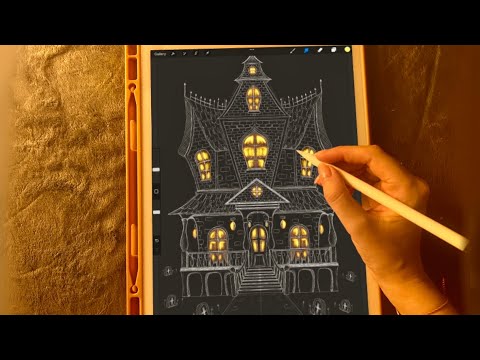 😴iPad ASMR - (2 HOURS) Halloween drawing of a House - Clicky Whispers - Writing Sounds