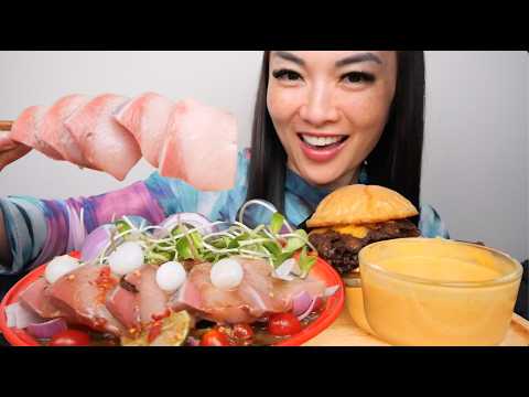 COULDN'T DECIDE (CHEESY TRIPLE BURGER + HAMACHI SPICY THAI SALAD) ASMR LIGHT WHISPERS | SAS-ASMR