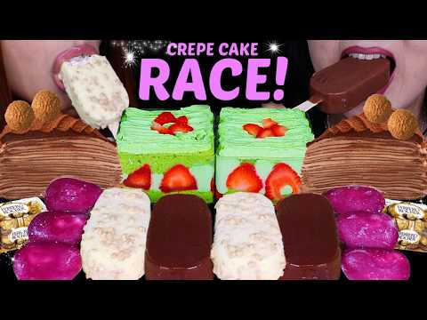 ASMR DUBAI CHOCOLATE SCOOP CAKE RACE! Nutella crepe cake, mochi ice cream, crunchy ice cream bars 먹방