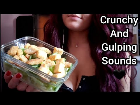 ASMR Eating Crunchy Salad with Lots of Croutons and Cucumbers, Gulping Water Sounds, Glass Tapping