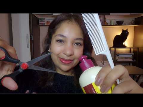 ASMR Desembaraçando seu cabelo, trança, corte de pontas duplas✂️, pente, spray, hidratação corporal🌙