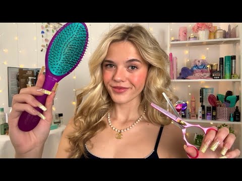 ASMR Jersey Hair Salon Roleplay 💅🏻🍸 (trim, blow dry, style, gossip, jersey accent, long nails)