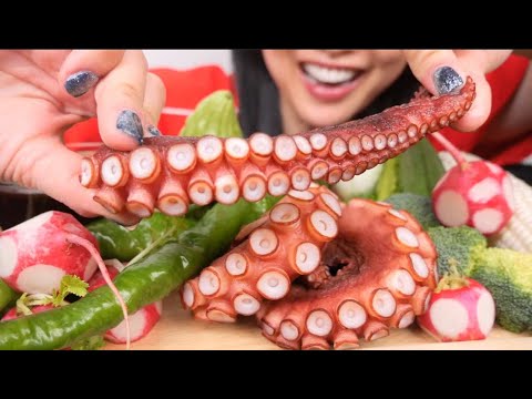 OCTOPUS + SPICY DIPPING SAUCE + FRESH VEGGIES (ASMR EATING SOUNDS) LIGHT WHISPERS | SAS-ASMR