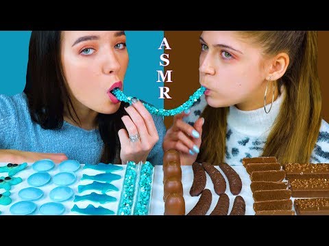 ASMR BLUE VS CHOCOLATE FOOD (NERDS ROPE, CHOCO BANANAS, UFO WAFERS, CHOCOLATE MARSHMALLOW) 먹방