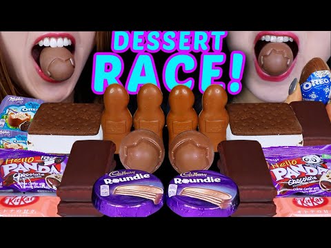 ASMR LEFTOVER DESSERT RACE! MILKA OREO CREAM EGGS, CADBURY ROUNDIE, KINDER FIGURINES, KITKATS 먹방