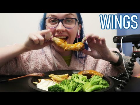 ASMR Eating Spicy Saucy Wings, Homemade Fries & Broccoli 🍗🍟🥦