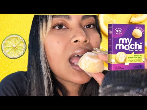 ASMR Eating My Mochi Ice Cream , Lemon Cheesecake Flavor , Sticky Mouth Sounds