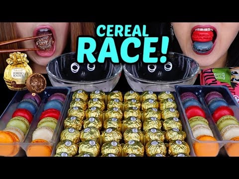ASMR COOKIE CEREAL RACE! FERRERO ROCHER & RAINBOW MACARONS *big bites* speed eating competition 먹방