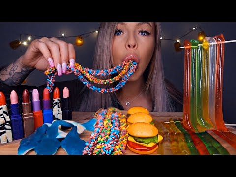 ASMR JELLY NOODLES, GUMMY JELLY, NERD ROPE, EDIBLE LIPSTICK, GUMMY SHARKS, JELLY STRAWS MUKBANG 먹방