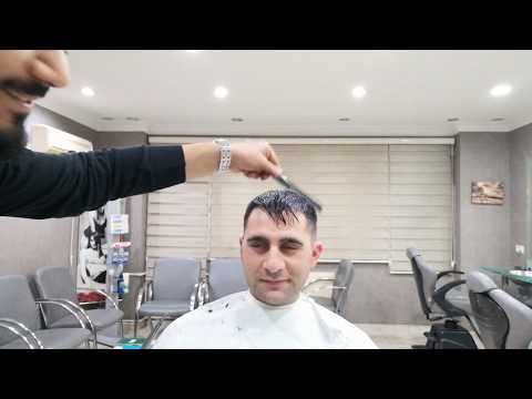 ASMR Turkish Barber Skin fade military haircut with scissor cut on top, hair wash and head massage