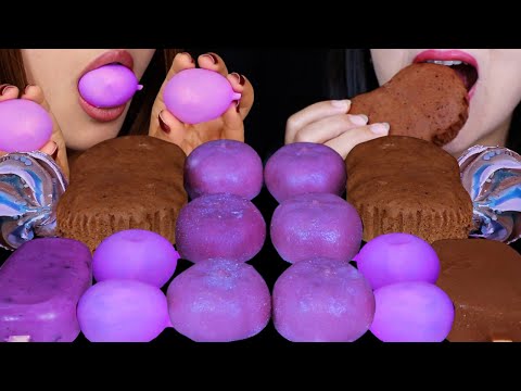 ASMR PURPLE CHOCOLATE EGG CAKES, BIG CHOCOLATE CHIP CASTELLA, PURPLE UBE MOCHI ICE CREAM, DOVE BAR