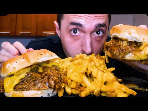 ASMR | PULLED PORK BURGER & CHEESE FRIES | MUKBANG