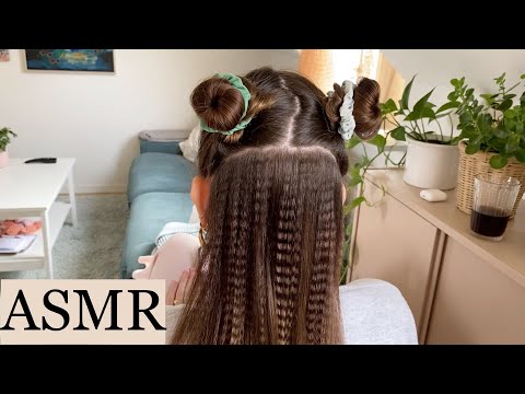 ASMR | Hair styling - Pigtail buns with crimped pieces ❤️🩷 (relaxing hair play, brushing, spraying)