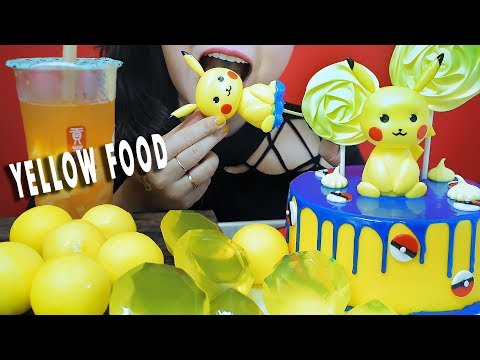 ASMR YELLOW FOOD ICE CREAM BALL DIAMOND JELLY PIKACHU FONDANT CAKE MERINGUE EATING SOUNDS| LINH-ASMR