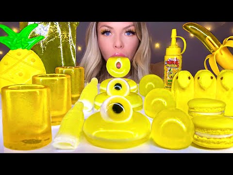 ASMR MOST POPULAR *YELLOW FOOD* EDIBLE SHOT GLASS, JELLY DONUT, MACARONS, EYEBALL JELLY MUKBANG