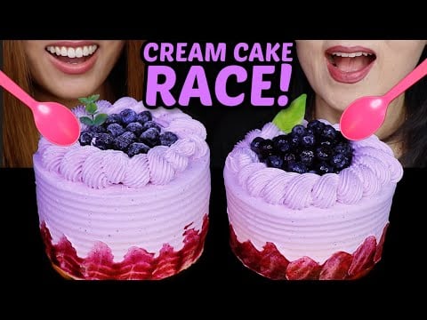 ASMR HUGE BLUEBERRY CREAM CAKE RACE! BIG vs Tiny Spoon challenge먹방