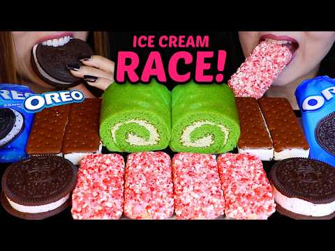 ASMR ICE CREAM RACE! DUBAI CHOCOLATE TOWEL CAKE, OREO ICE CREAM SANDWICH, STRAWBERRY SHORTCAKE 먹방