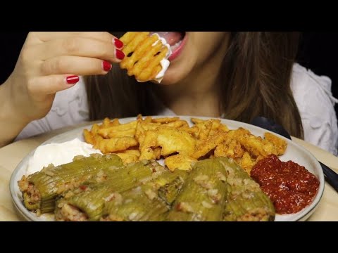ASMR STUFFED ZUCCHINI WAFFLED FRIES LABNE MHAMARA MUKBANG no talking CREMA ASMR #asmr #mukbang #food