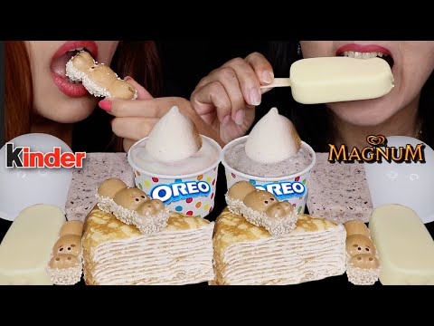 ASMR WHITE CHOCOLATE MAGNUM ICE CREAM BAR, VANILLA CREPE CAKE, KINDER HAPPY HIPPO, OREO SUNDAE 먹방