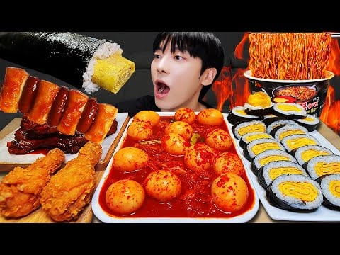 ASMR MUKBANG | 직접 만든 대왕 가래떡 떡볶이 불닭볶음면 김밥 양념 치킨먹방! & 레시피 FIRE NOODLES AND Tteokbokki EATING SOUND!